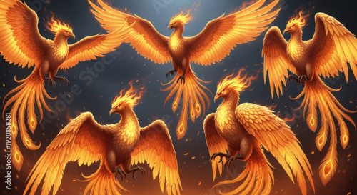 Dynamic digital illustration of five magnificent phoenixes, mythical firebirds ablaze with vibrant orange and yellow flames, symbolizing rebirth, strength, and eternity