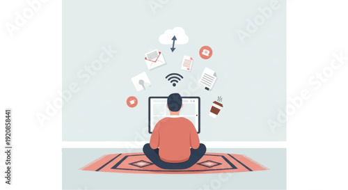 Man Sitting Meditating with Digital Icons.