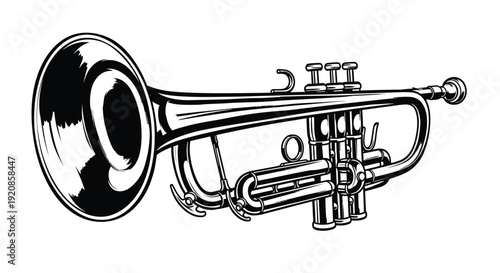 Detailed engraving illustration of a brass musical trumpet.