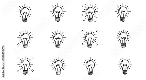 Twelve glowing light bulb icons represent creative ideas.