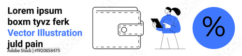 Financial transactions, e-commerce, online shopping, discounts, budgeting, fintech. Wallet and percentage icon next to a woman with a tablet. Financial transactions and e-commerce