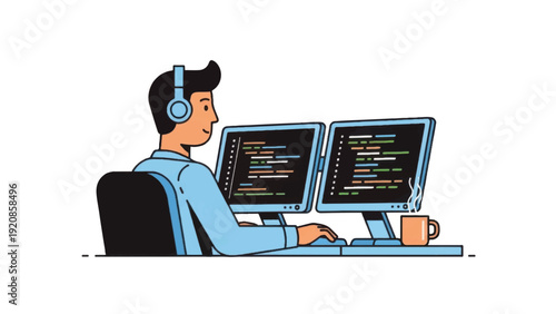 Man Working on Computer with Headphones.