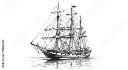 Majestic yacht sailing ship with large sails, cruising on the ocean waves, drawn in an engraved, woodcut style sketch engraving vector illustration. Scratch board. Transparent background SVG version.