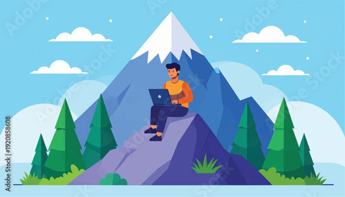Man Working on Laptop on Mountain.