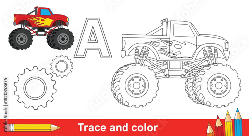 Monster truck outline drawing for letter A tracing.