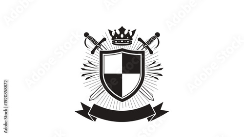 Royal heraldic crest is composed of a quartered shield flanked by two crossed swords and topped with a majestic crown.