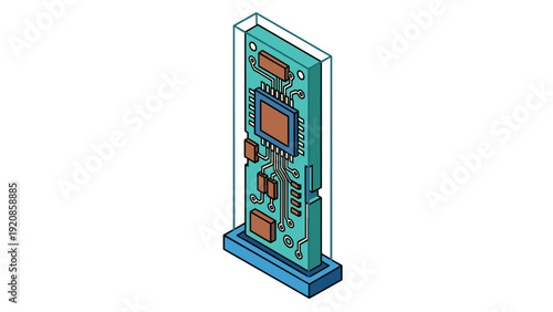Detailed isometric illustration of a vertical electronic circuit board with a central microchip and various tiny components.