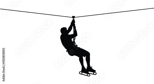 A skater silhouette rides a zip line above a white background.