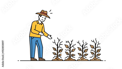 Concerned farmer wearing a straw hat looks down at a row of withered and dying plants in a field representing crop failure.