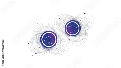 Abstract cosmic design featuring two planetary spheres surrounded by concentric orbital lines and stellar particles on a white backdrop.