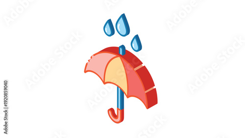 Isometric 3D illustration of an orange umbrella with blue raindrops falling on top, representing weather protection and rainy season.
