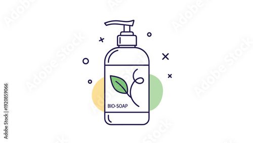 Product bottle labeled as bio-soap featuring a leaf illustration and decorative dots and circles on a clean white background.