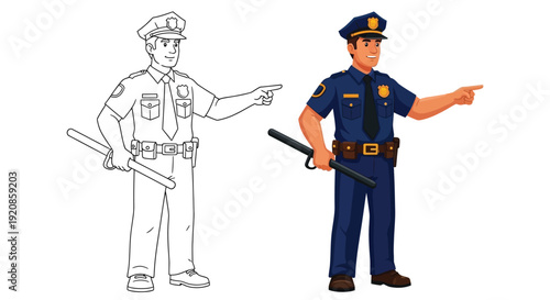 The policeman points right, showing color and outline versions.