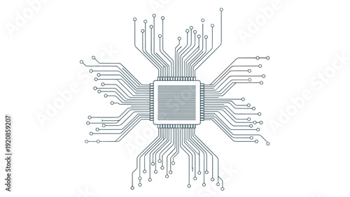 Intricate technical drawing of a central processing unit with numerous circuit paths spreading out from the core on a white background.