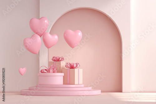 Pink Heart Balloons Floating Above Gift Boxes on Pedestal in Archway