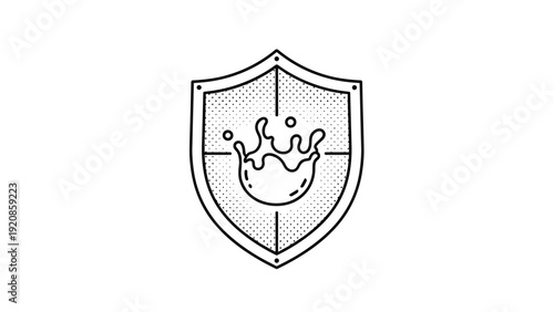 Protection shield illustration displays a dynamic liquid splash symbol representing resistance against spills and environmental hazards.