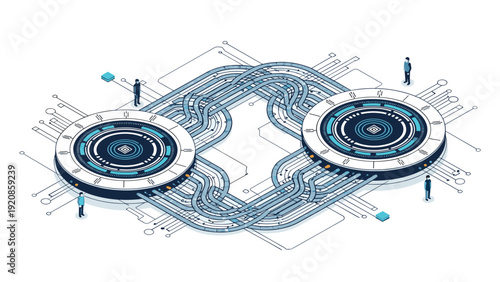 Advanced isometric data network hub features complex digital pathways and circular interfaces connecting people in a tech environment.