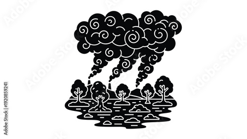 Thick dark smoke clouds billow upwards from a stylized forest landscape in this high contrast black and white environmental icon.