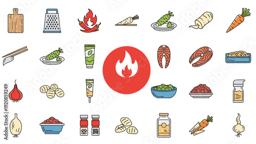 Extensive collection of culinary ingredients and tools surrounds a central flame icon emphasizing spicy food and cooking techniques.