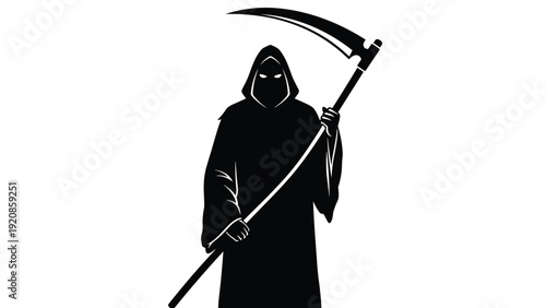 Menacing Grim Reaper figure is depicted in black robes holding a sharp scythe as a powerful symbol of death and mortality.