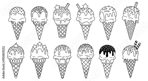 A collection of twelve decorated ice cream cones is displayed.