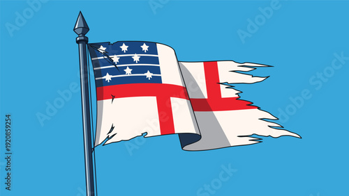Tattered flag merging American and British design elements flies against a clear blue sky symbolizing strained historical ties.