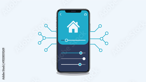 Smartphone displays a modern smart home control application interface with adjustable sliders and a central house icon.