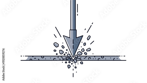 Industrial metal drill bit forcefully breaks through a solid gray surface causing small material fragments to scatter.