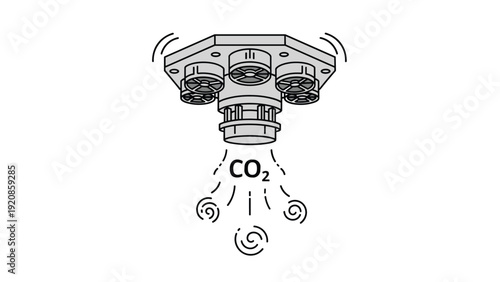 Industrial CO2 fire suppression nozzle mounted on a ceiling plate is designed for rapid carbon dioxide discharge in emergencies.