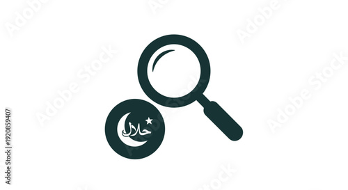 Magnifying glass examining a circular icon with Arabic script.