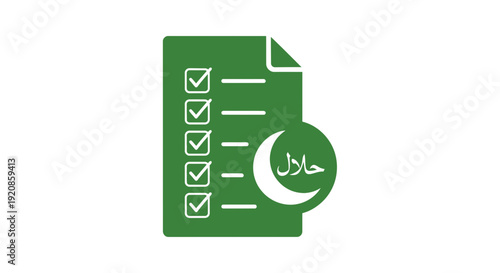Halal certification checklist document icon with crescent moon symbol.