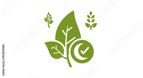 Eco friendly green leaf logo with checkmark symbolizing sustainability and environmental conservation.