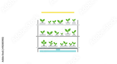Illustration of seedlings growing on a multi-tiered shelving system with potted plants from a front viewpoint