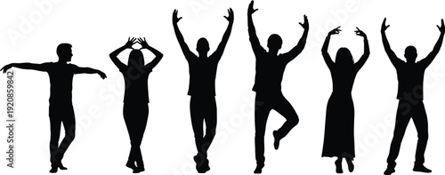 Black silhouettes of people with arms raised in graceful poses, diverse group of men and women expressing joy, vector illustration isolated on white background, SEO.