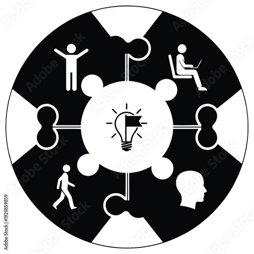 Collaborative teamwork circle with a light idea hub, networked people icons, and puzzle connections.