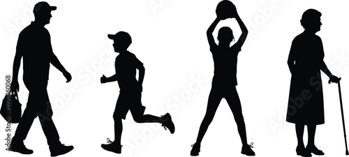 Diverse people silhouettes set with man carrying bag, boy running, girl playing with ball, and elderly woman with walking stick isolated on white background.