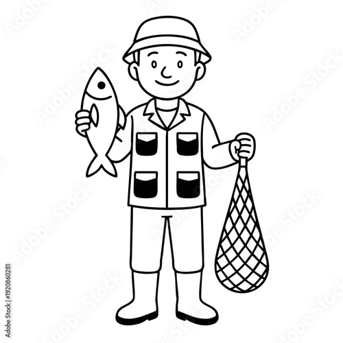 Charming vector illustration of a cheerful fisherman proudly displaying a freshly caught fish and net, perfect for fishing, success, and outdoor themes.
