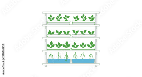Vertical farm with multiple shelves containing various plants in different growth stages, illustrations of plants, from seed to mature plants, in a futuristic setting