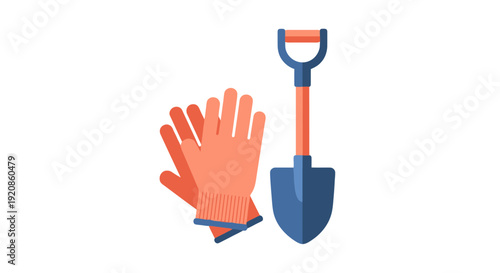 Gardening tools including gloves and shovel on a clean background