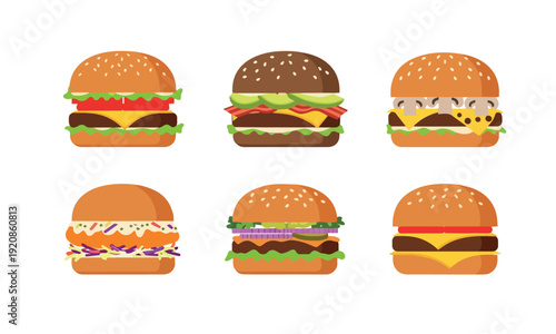 Set of Delicious Cartoon Burgers with Different Toppings Vector Illustration