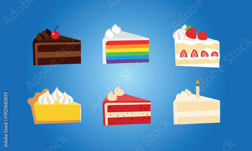 Set of Delicious Dessert Cake Pieces Isolated on Blue Background