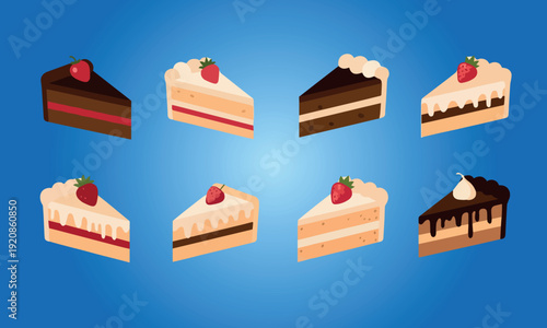 Assorted Cake Slices Collection with Chocolate and Strawberry Toppings Vector Illustration