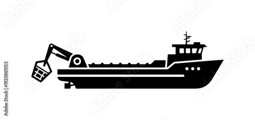 Cargo Ship with Crane Silhouette Vector Art