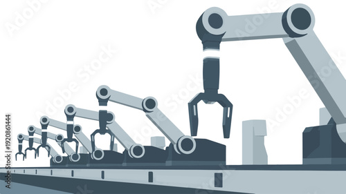 Industrial robotic arms working together in a futuristic factory setting, vector illustration