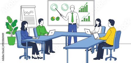 Business presentation with professional team in meeting room using laptops and whiteboard for corporate strategy analysis and financial growth planning,