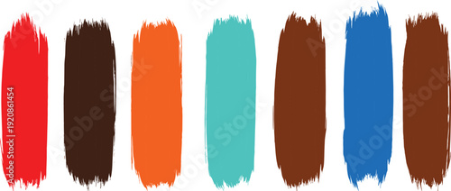 Colorful brush stroke set with red brown orange cyan and blue paint textures for artistic creative design and modern abstract branding, cad drawing flat vector illustration