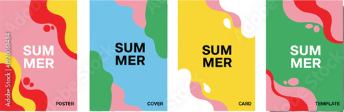 Set of four minimalist summer poster templates with abstract wavy shapes in pink yellow blue and green for modern seasonal branding, cad drawing flat vector illustration