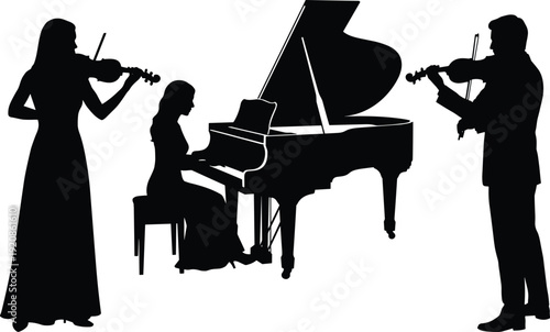 Black silhouette flat vector illustration of a musical trio featuring a grand piano and two violinists performing classical music on white.