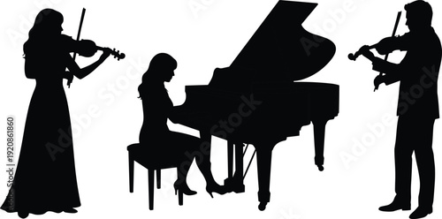 Black silhouette flat vector illustration of a musical trio featuring a grand piano and two violinists performing classical music on white.