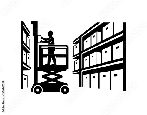 Warehouse Worker Using Scissor Lift
